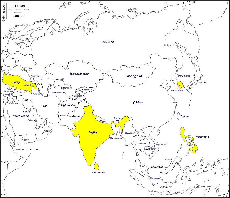 map of Asia, highlighted areas are Turkey, Armenia, India, Sri Lanka, South Korea, Phillippines